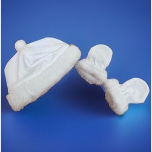 Vintage White Winter Plush Hat and Matching Mittens 0-6 months Infant Faux Fur